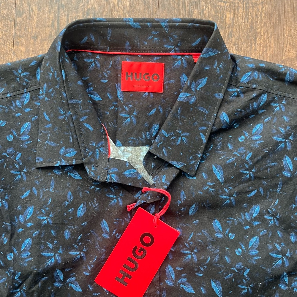 HUGO Boss Black and Blue Leaf Pattern Shirt EXTRA SLIM FIT Sz 42 / 16.5